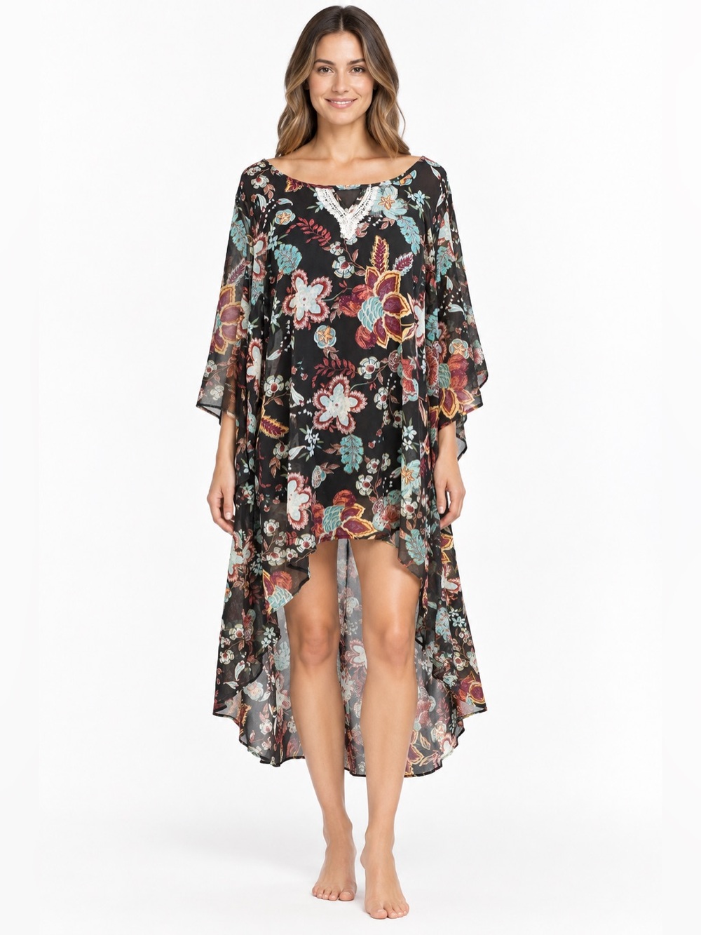 One World Live & Let Live 1X Boho Floral High Low Tunic Kimono Top Lace Trim